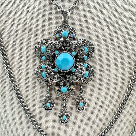 Vintage Ornate Filigree Floral Pendant Multistrand Necklace 60s 70s Statement - Picture 1 of 11